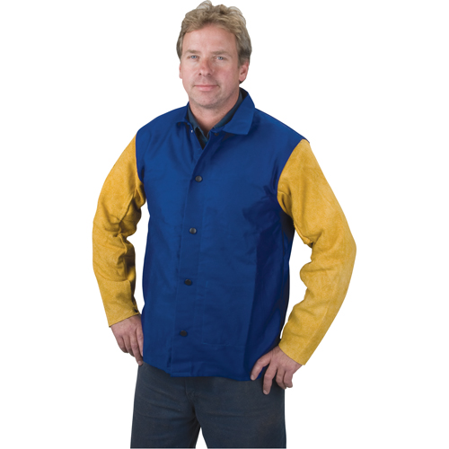 Yellow Jacket Welding Jackets, Cotton/Leather, 5X-Large, Blue/Yellow Trail Hammer and Bolt