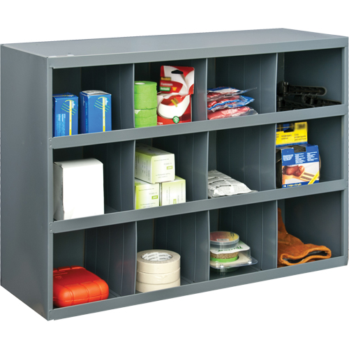 Storage Bin Cabinets, Steel, 12 Drawers, 33-3/4" x 12" x 23-7/8", Grey Trail Hammer and Bolt