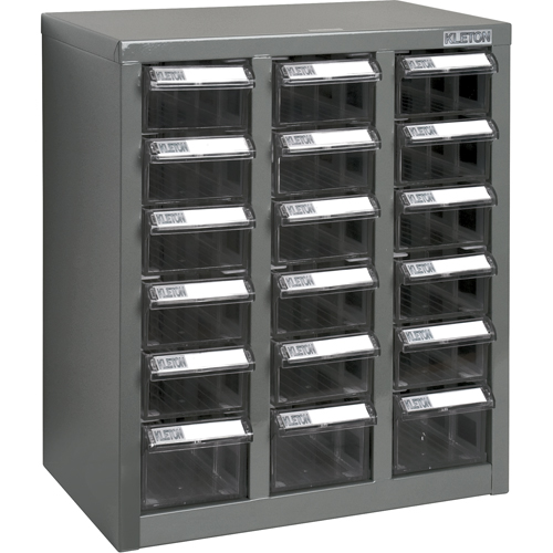 Casiers pour pi&egrave;ces KPC-600, Acier galvanis&eacute;, 18 tiroirs, 13-9/10" x 8-7/10" x 16-3/10", Gris Trail Hammer and Bolt