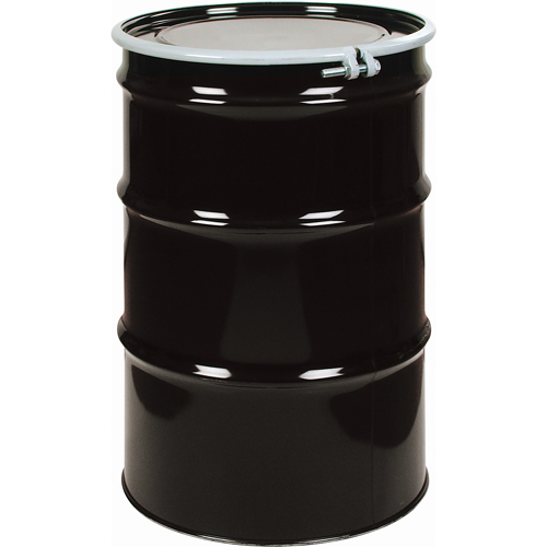 Steel Drums, 55 US gal (45 imp. gal.), Unlined, Black, Open Top, 1A2/Y1.4/140, 20 Gauge Trail Hammer and Bolt