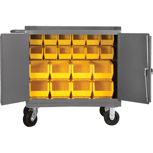 Mobile Workbench Cabinet with Bins, Steel Surface Trail Hammer and Bolt