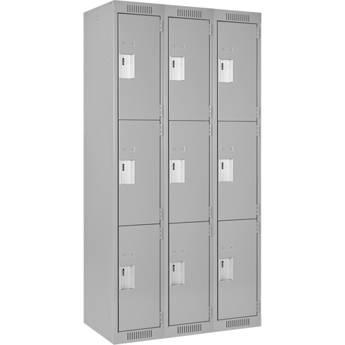 Clean Line Lockers, 3 -tier, Bank of 3, 36" x 18" x 72", Steel, Grey, Rivet (Assembled) Trail Hammer and Bolt