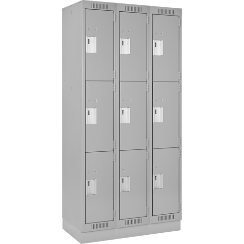 Clean Line Lockers, 3 -tier, Bank of 3, 36" x 18" x 76", Steel, Grey, Rivet (Assembled) Trail Hammer and Bolt