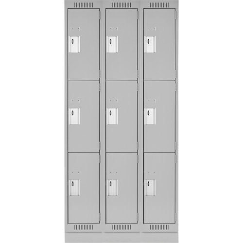 Clean Line Lockers, 3 -tier, Bank of 3, 36" x 18" x 76", Steel, Grey, Rivet (Assembled) Trail Hammer and Bolt