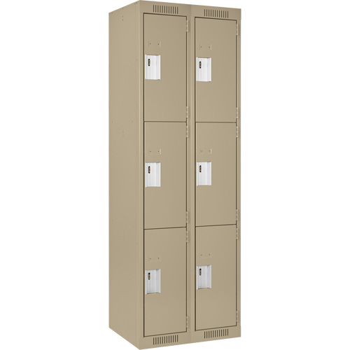 Clean Line Lockers, 3 -tier, Bank of 2, 24" x 18" x 72", Steel, Beige, Rivet (Assembled) Trail Hammer and Bolt