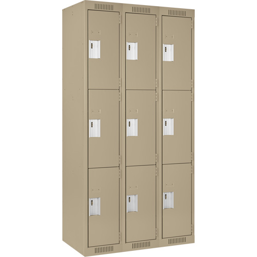 Clean Line Lockers, 3 -tier, Bank of 3, 36" x 18" x 72", Steel, Beige, Rivet (Assembled) Trail Hammer and Bolt