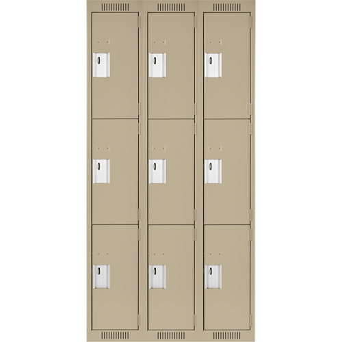 Clean Line Lockers, 3 -tier, Bank of 3, 36" x 18" x 72", Steel, Beige, Rivet (Assembled) Trail Hammer and Bolt