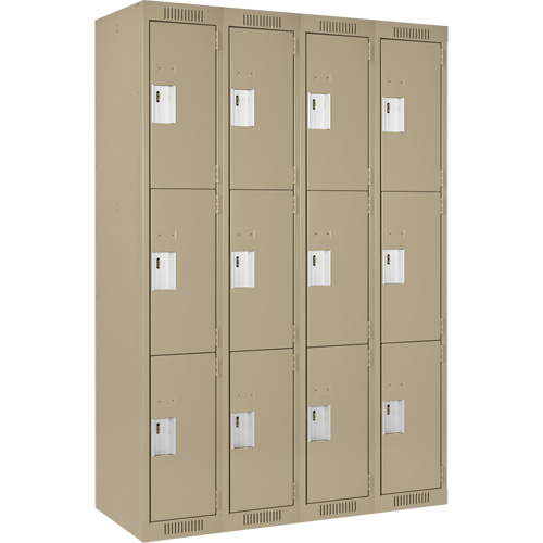 Clean Line Lockers, 3 -tier, Bank of 4, 48" x 18" x 72", Steel, Beige, Rivet (Assembled) Trail Hammer and Bolt