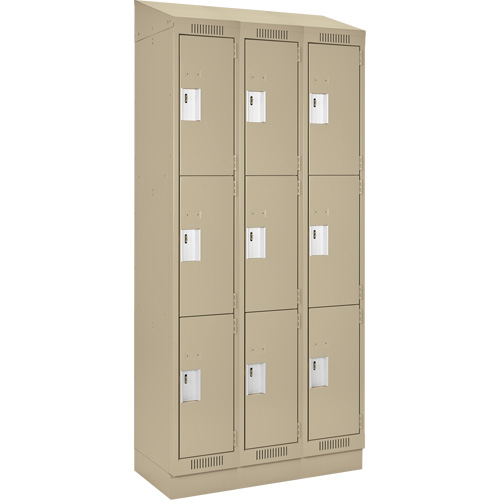 Clean Line Lockers, 3 -tier, Bank of 3, 36" x 18" x 82", Steel, Beige, Rivet (Assembled) Trail Hammer and Bolt