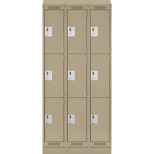 Clean Line Lockers, 3 -tier, Bank of 3, 36" x 18" x 82", Steel, Beige, Rivet (Assembled) Trail Hammer and Bolt