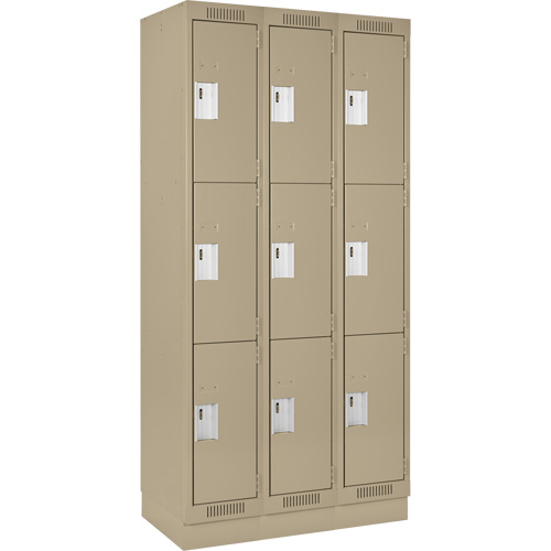 Clean Line Lockers, 3 -tier, Bank of 3, 36" x 18" x 76", Steel, Beige, Rivet (Assembled) Trail Hammer and Bolt