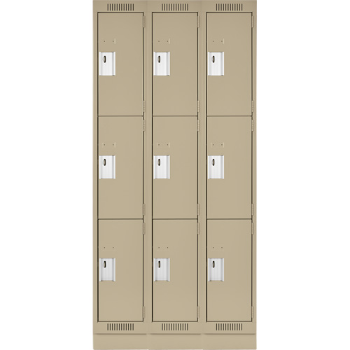 Clean Line Lockers, 3 -tier, Bank of 3, 36" x 18" x 76", Steel, Beige, Rivet (Assembled) Trail Hammer and Bolt