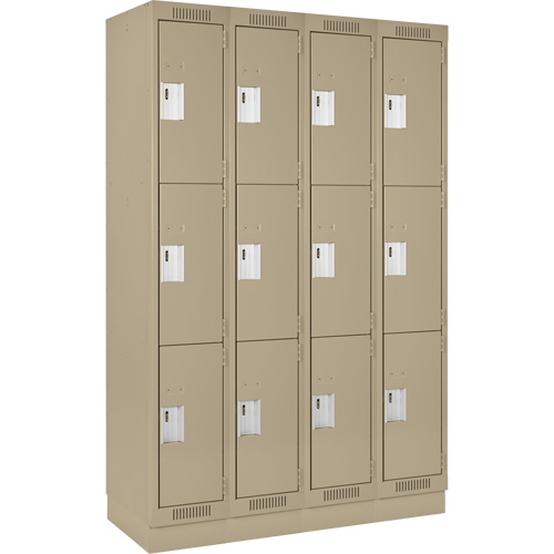 Clean Line Lockers, 3 -tier, Bank of 4, 48" x 18" x 76", Steel, Beige, Rivet (Assembled) Trail Hammer and Bolt