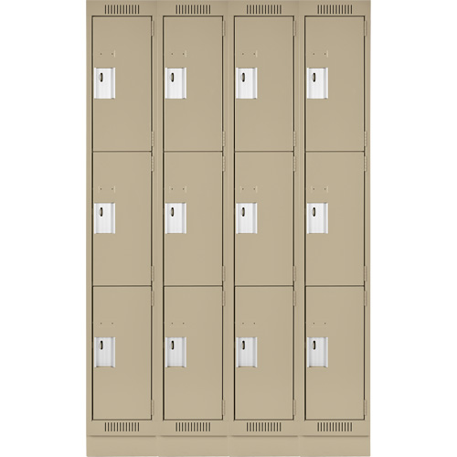Clean Line Lockers, 3 -tier, Bank of 4, 48" x 18" x 76", Steel, Beige, Rivet (Assembled) Trail Hammer and Bolt