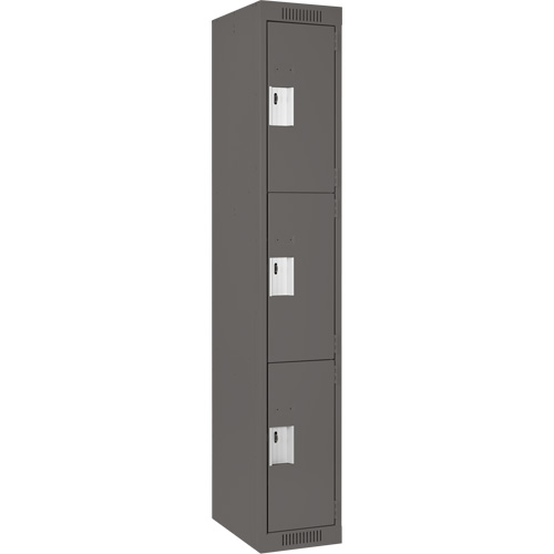 Clean Line Lockers, 3 -tier, 12" x 18" x 72", Steel, Charcoal, Rivet (Assembled) Trail Hammer and Bolt