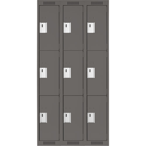 Clean Line Lockers, 3 -tier, Bank of 3, 36" x 18" x 72", Steel, Charcoal, Rivet (Assembled) Trail Hammer and Bolt
