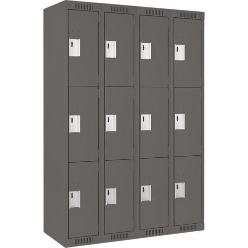 Clean Line Lockers, 3 -tier, Bank of 4, 48" x 18" x 72", Steel, Charcoal, Rivet (Assembled) Trail Hammer and Bolt