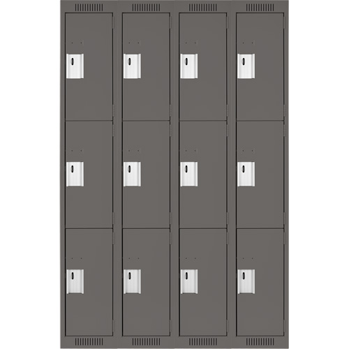 Clean Line Lockers, 3 -tier, Bank of 4, 48" x 18" x 72", Steel, Charcoal, Rivet (Assembled) Trail Hammer and Bolt