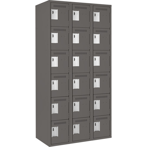 Clean Line Lockerette, 6 -tier, Bank of 3, 36" x 18" x 72", Steel, Charcoal, Rivet (Assembled) Trail Hammer and Bolt