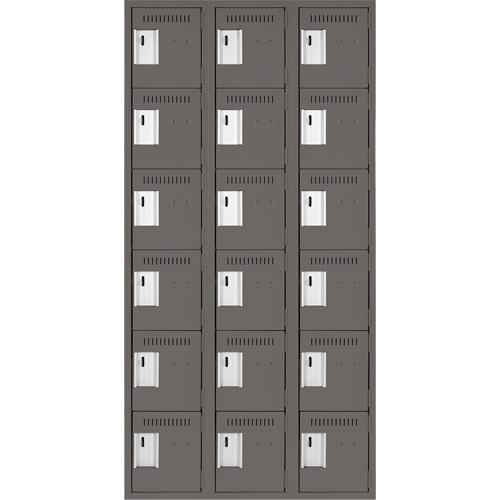 Clean Line Lockerette, 6 -tier, Bank of 3, 36" x 18" x 72", Steel, Charcoal, Rivet (Assembled) Trail Hammer and Bolt