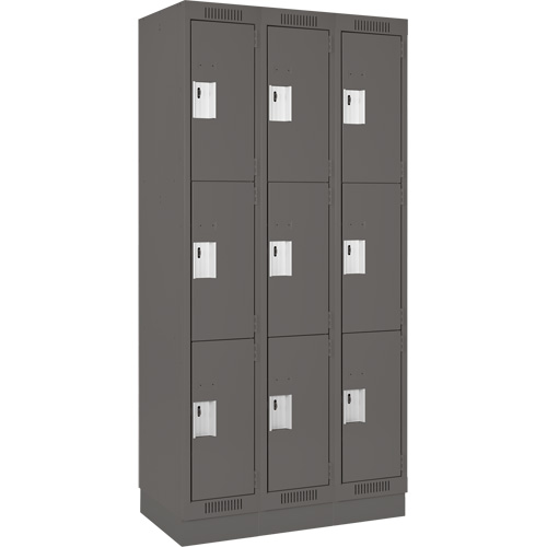 Clean Line Lockers, 3 -tier, Bank of 3, 36" x 18" x 76", Steel, Charcoal, Rivet (Assembled) Trail Hammer and Bolt