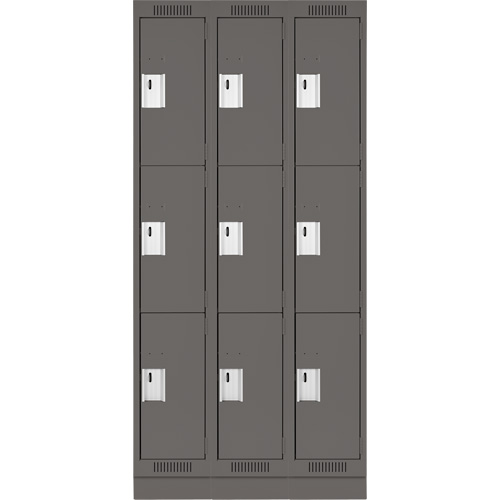Clean Line Lockers, 3 -tier, Bank of 3, 36" x 18" x 76", Steel, Charcoal, Rivet (Assembled) Trail Hammer and Bolt
