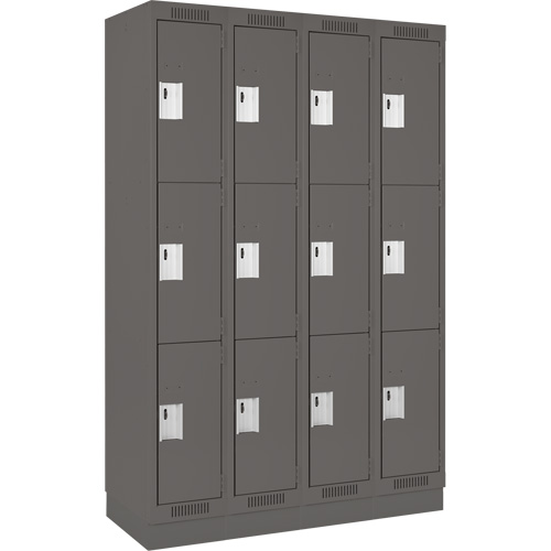 Clean Line Lockers, 3 -tier, Bank of 4, 48" x 18" x 76", Steel, Charcoal, Rivet (Assembled) Trail Hammer and Bolt