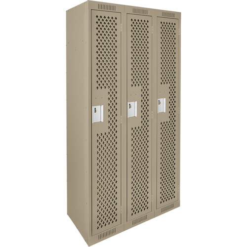 Clean Line Lockers, Bank of 3, 36" x 12" x 72", Steel, Beige, Rivet (Assembled), Perforated Trail Hammer and Bolt