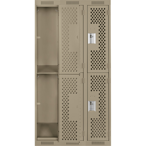 Casiers Clean Line, 2 niveaux, Bloc de 3, 36" x 15" x 72", Acier, Beige, Rivet (assembl&eacute;), Perfor&eacute; Trail Hammer and Bolt