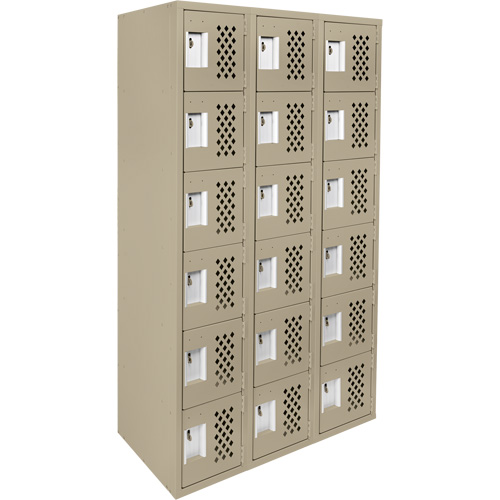 Assembled Lockerettes Clean Line Perforated Economy Lockers, 6 -tier, Bank of 3, 18" x 72" x 12", Steel Trail Hammer and Bolt