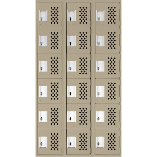 Assembled Lockerettes Clean Line Perforated Economy Lockers, 6 -tier, Bank of 3, 18" x 72" x 12", Steel Trail Hammer and Bolt