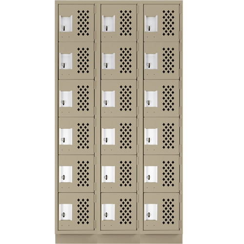 Assembled Lockerettes Clean Line Perforated Economy Lockers, 6 -tier, Bank of 3, 18" x 72" x 12", Steel Trail Hammer and Bolt