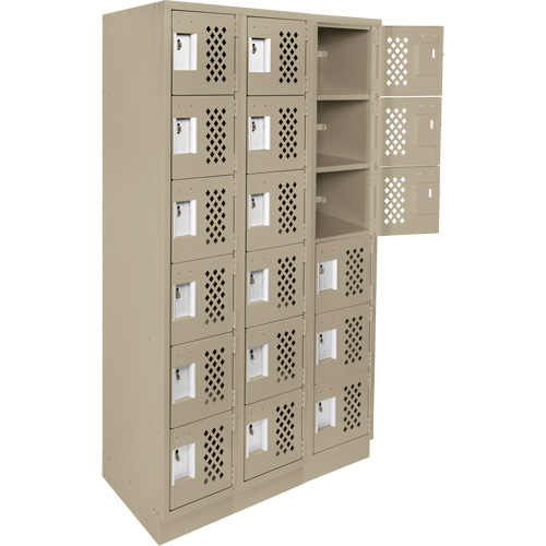 Assembled Lockerettes Clean Line Perforated Economy Lockers, 6 -tier, Bank of 3, 18" x 72" x 12", Steel Trail Hammer and Bolt