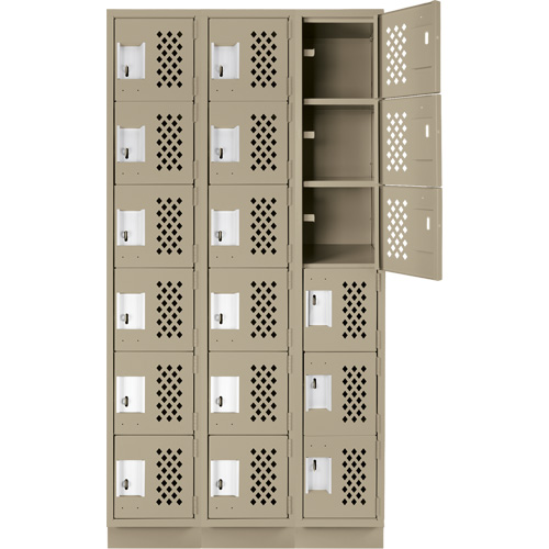 Assembled Lockerettes Clean Line Perforated Economy Lockers, 6 -tier, Bank of 3, 18" x 72" x 12", Steel Trail Hammer and Bolt