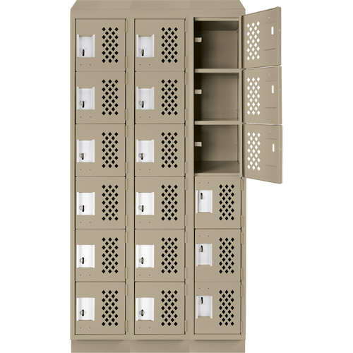 Assembled Lockerettes Clean Line Perforated Economy Lockers, 6 -tier, Bank of 3, 18" x 72" x 12", Steel Trail Hammer and Bolt