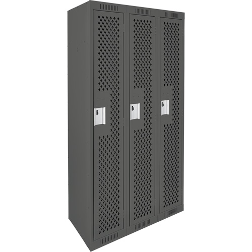 Clean Line Lockers, Bank of 3, 36" x 12" x 72", Steel, Charcoal, Rivet (Assembled), Perforated Trail Hammer and Bolt