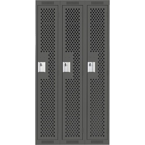 Clean Line Lockers, Bank of 3, 36" x 12" x 72", Steel, Charcoal, Rivet (Assembled), Perforated Trail Hammer and Bolt