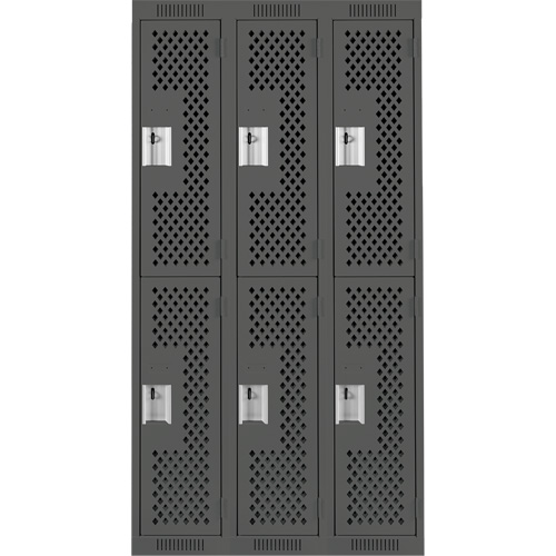 Clean Line Lockers, 2 -tier, Bank of 3, 36" x 12" x 72", Steel, Charcoal, Rivet (Assembled), Perforated Trail Hammer and Bolt