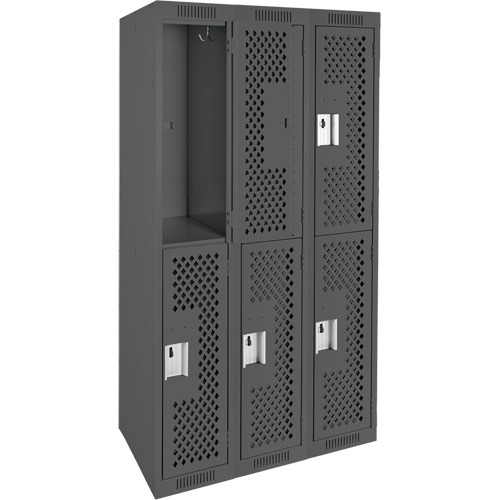 Clean Line Lockers, 2 -tier, Bank of 3, 36" x 12" x 72", Steel, Charcoal, Rivet (Assembled), Perforated Trail Hammer and Bolt