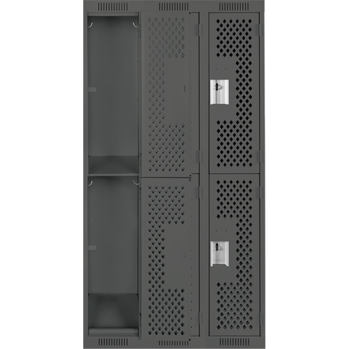 Clean Line Lockers, 2 -tier, Bank of 3, 36" x 12" x 72", Steel, Charcoal, Rivet (Assembled), Perforated Trail Hammer and Bolt