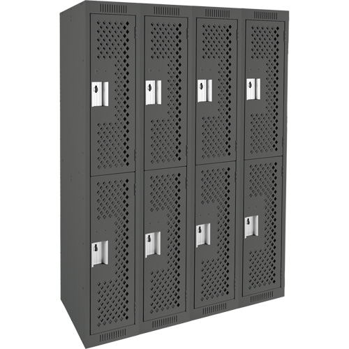 Clean Line Lockers, 2 -tier, Bank of 4, 48" x 12" x 72", Steel, Charcoal, Rivet (Assembled), Perforated Trail Hammer and Bolt