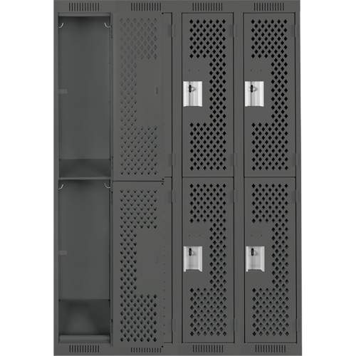 Clean Line Lockers, 2 -tier, Bank of 4, 48" x 12" x 72", Steel, Charcoal, Rivet (Assembled), Perforated Trail Hammer and Bolt