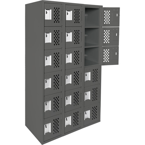Assembled Lockerettes Clean Line Perforated Economy Lockers, 6 -tier, Bank of 3, 18" x 72" x 12", Steel Trail Hammer and Bolt