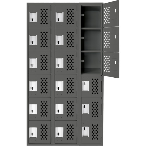 Assembled Lockerettes Clean Line Perforated Economy Lockers, 6 -tier, Bank of 3, 18" x 72" x 12", Steel Trail Hammer and Bolt