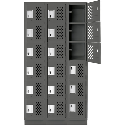 Assembled Lockerettes Clean Line Perforated Economy Lockers, 6 -tier, Bank of 3, 18" x 72" x 12", Steel Trail Hammer and Bolt