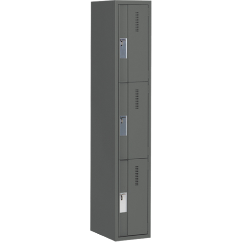 Concorde Heavy-Duty Lockers, 3 -tier, 12" x 18" x 72", Steel, Charcoal, Welded (Assembled) Trail Hammer and Bolt