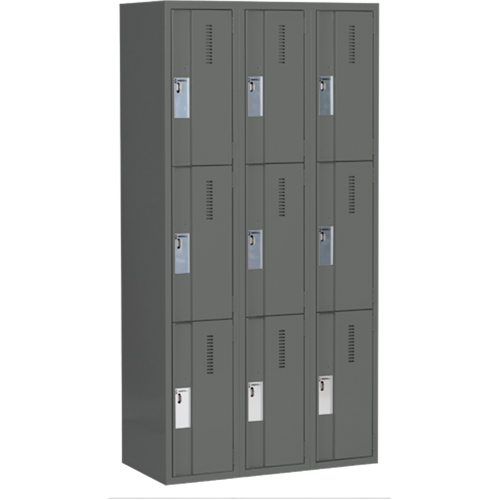 Concorde Heavy-Duty Lockers, 3 -tier, Bank of 3, 36" x 18" x 72", Steel, Charcoal, Welded (Assembled) Trail Hammer and Bolt