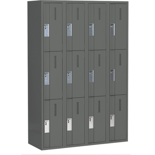 Concorde Heavy-Duty Lockers, 3 -tier, Bank of 4, 48" x 18" x 72", Steel, Charcoal, Welded (Assembled) Trail Hammer and Bolt