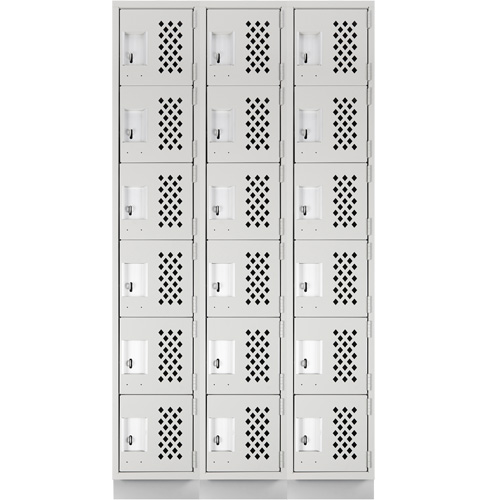 Assembled Lockerettes Clean Line Perforated Economy Lockers, 6 -tier, Bank of 3, 18" x 72" x 12", Steel Trail Hammer and Bolt