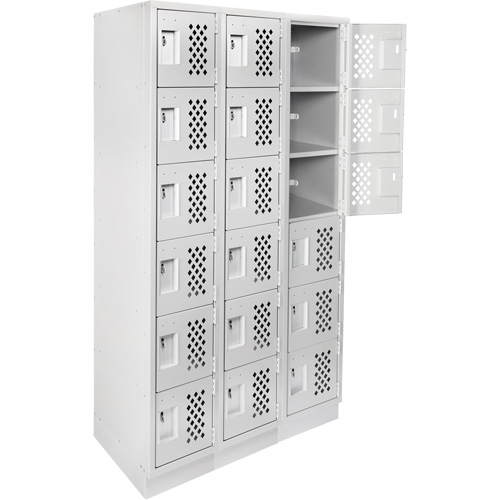 Assembled Lockerettes Clean Line Perforated Economy Lockers, 6 -tier, Bank of 3, 18" x 72" x 12", Steel Trail Hammer and Bolt